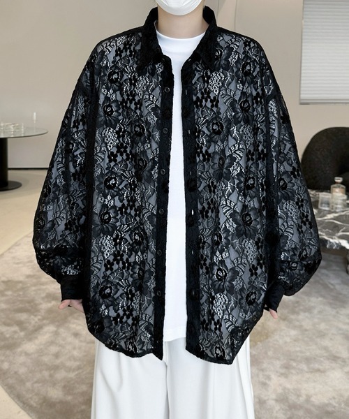 カレンミレン☆ネイビー☆長袖プリントシャツドレス セール】【FVLMEN】flower lace longsleeve shirt/フラワー