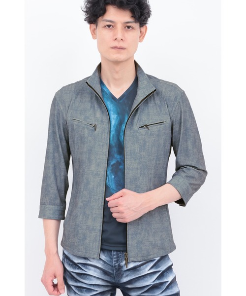 TORNADO MART∴メッシュHTデニム調プリント7分袖シャツブルゾン