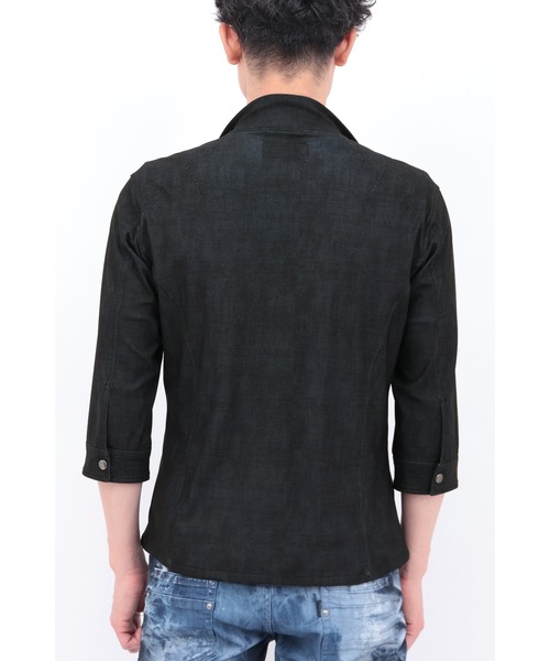 TORNADO MART∴メッシュHTデニム調プリント7分袖シャツブルゾン