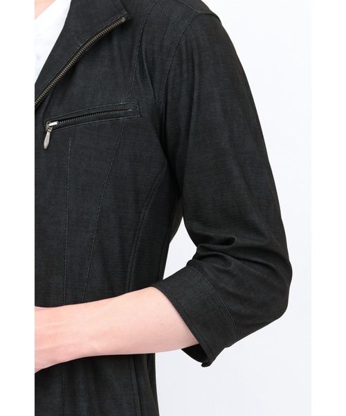 TORNADO MART∴メッシュHTデニム調プリント7分袖シャツブルゾン