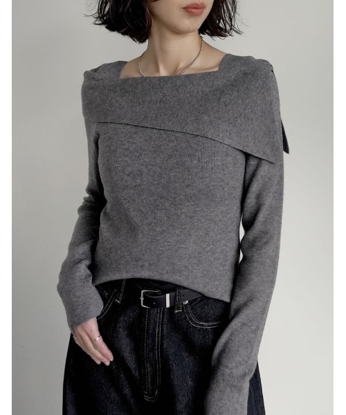 セール】[ブラ紐隠し]アシンメトリーオフショルダーリブニットトップス