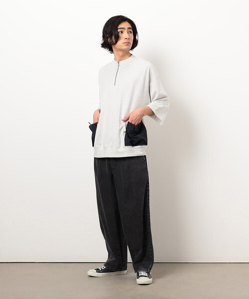 Purple&Yellow(パープルアンドイエロー)の「布帛ポケットハーフジッププルオーバー(Tシャツ/カットソー・メンズ・オートミール/グリーン/ブラック・SMALL/MEDIUM/LARGE)」の6枚目の写真