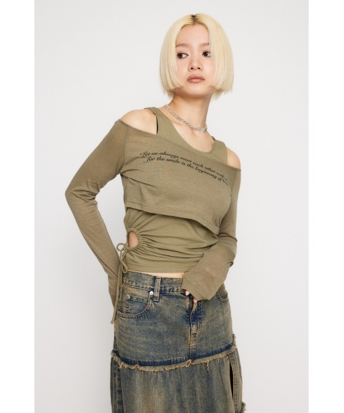 LAGUA GEM（ラグアジェム）の「LETTERING SHEER 2PIECE トップス（Tシャツ/カットソー・レディース・ホワイト/ブラック/カーキ/チャコールグレー・FREE）」の19枚目の写真