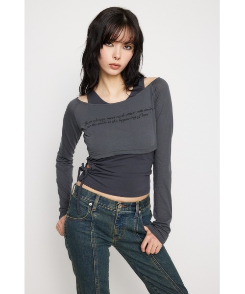 LAGUA GEM（ラグアジェム）の「LETTERING SHEER 2PIECE トップス（Tシャツ/カットソー・レディース・ホワイト/ブラック/カーキ/チャコールグレー・FREE）」の13枚目の写真