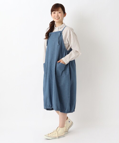 セール】デニム＆ヒッコリーバルーンエプロンワンピース