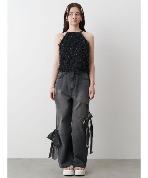 ★関税込★IUGAMAKARAS★Ribbon Denim Pants ★デニム★ many ribbon cargo denim／リボンデザインカーゴデニム（デニム