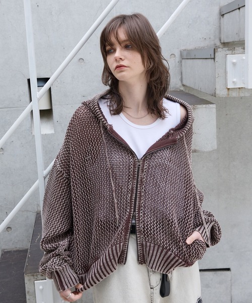 Spielio】Vintage like mesh knit hoodie/ヴィンテージライク