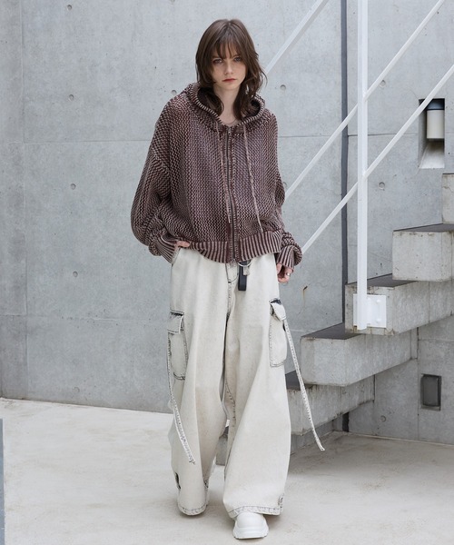 【予約販売中】ヴィンテージライクメッシュニットパーカー ブラウン L Spielio】Vintage like mesh knit hoodie/ヴィンテージライク