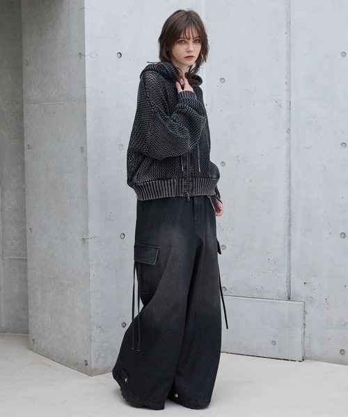 【予約販売中】ヴィンテージライクメッシュニットパーカー ブラウン L Spielio】Vintage like mesh knit hoodie/ヴィンテージライク