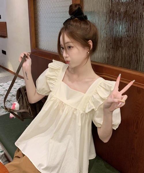bibiy. フリル ペプラム　半袖シャツ ネイビー　pop up限定 bibiy. フリル ペプラム 半袖シャツ ネイビー pop up限定 - メルカリ