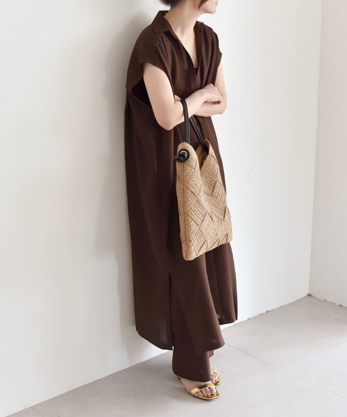 quaranciel（カランシエル）の「quaranciel:〈洗濯機可能〉リネン ライク スキッパー シャツ ワンピース＆パンツ セットアップ（ワンピース・レディース・ネイビー/ブラウン・ONE SIZE）」の12枚目の写真