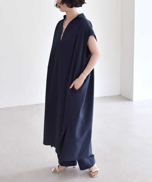 quaranciel（カランシエル）の「quaranciel:〈洗濯機可能〉リネン ライク スキッパー シャツ ワンピース＆パンツ セットアップ（ワンピース・レディース・ネイビー/ブラウン・ONE SIZE）」の21枚目の写真