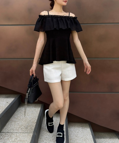 フリルオフショルペプラムトップス オフショルリボンペプラムトップス