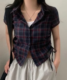 SPIGA | ｻｲﾄﾞﾄﾞﾛｰ半袖格子ﾌﾞﾗｳｽ(シャツ/ブラウス)