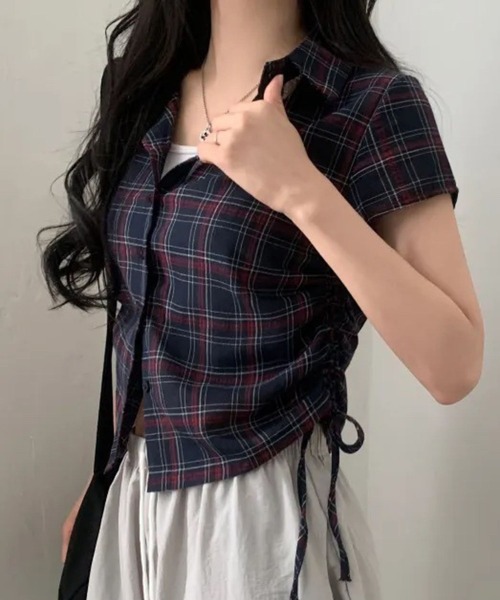 SPIGA（スピーガ）の「ｻｲﾄﾞﾄﾞﾛｰ半袖格子ﾌﾞﾗｳｽ（シャツ/ブラウス・レディース・ホワイト/ネイビー・FREE）」の7枚目の写真