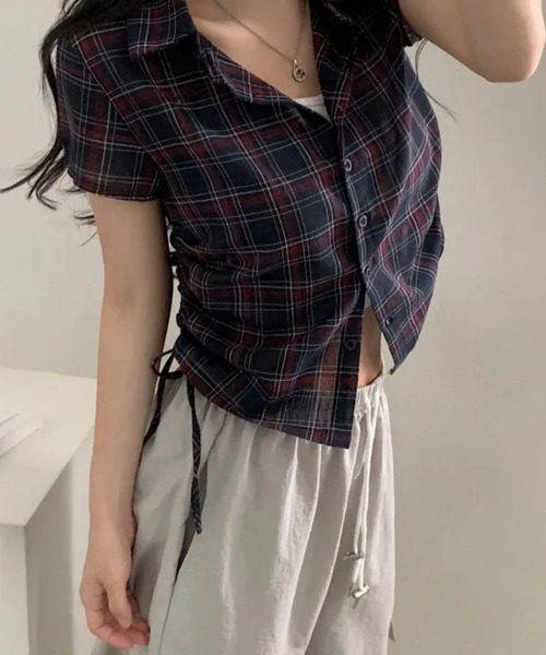 SPIGA（スピーガ）の「ｻｲﾄﾞﾄﾞﾛｰ半袖格子ﾌﾞﾗｳｽ（シャツ/ブラウス・レディース・ホワイト/ネイビー・FREE）」の8枚目の写真