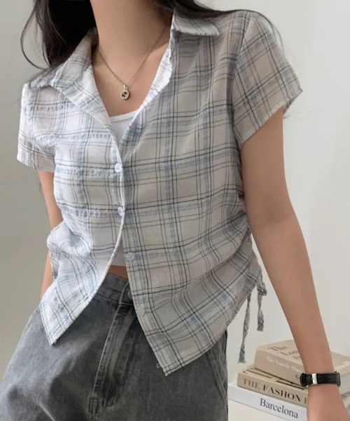 SPIGA（スピーガ）の「ｻｲﾄﾞﾄﾞﾛｰ半袖格子ﾌﾞﾗｳｽ（シャツ/ブラウス・レディース・ホワイト/ネイビー・FREE）」の10枚目の写真