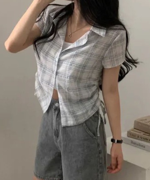 SPIGA（スピーガ）の「ｻｲﾄﾞﾄﾞﾛｰ半袖格子ﾌﾞﾗｳｽ（シャツ/ブラウス・レディース・ホワイト/ネイビー・FREE）」の11枚目の写真