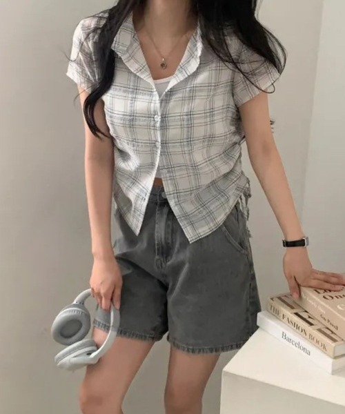 SPIGA（スピーガ）の「ｻｲﾄﾞﾄﾞﾛｰ半袖格子ﾌﾞﾗｳｽ（シャツ/ブラウス・レディース・ホワイト/ネイビー・FREE）」の12枚目の写真