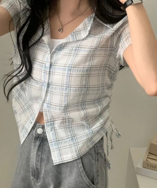 SPIGA（スピーガ）の「ｻｲﾄﾞﾄﾞﾛｰ半袖格子ﾌﾞﾗｳｽ（シャツ/ブラウス・レディース・ホワイト/ネイビー・FREE）」の16枚目の写真