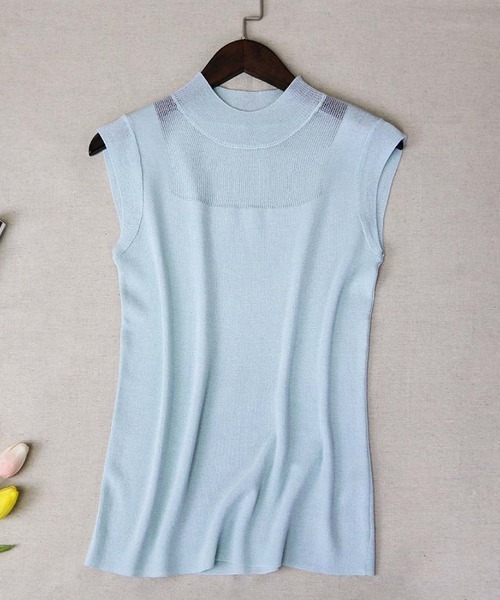 maison de LATIR(メゾンドラティール)の「ハイネックヘルシーな肌見せな夏服。ノースリーブシアーサマーニット(タンクトップ・レディース・グリーン/ブルー/オレンジ/ベージュ/グレー/ブラック/ホワイト/ネイビー/スモークピンク/ライトブラウン・FREE/ONESIZE)」の8枚目の写真