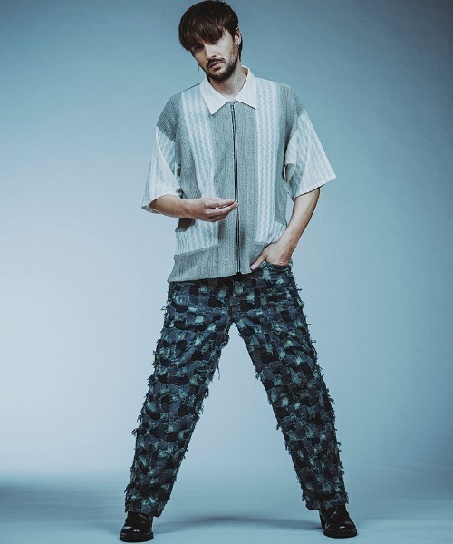 mhs2393-ﾁｪﾝｼﾞﾝｸﾞﾆｯﾄｼｱｰBIG-SH BLZ シャツブルゾン（シャツ/ブラウス