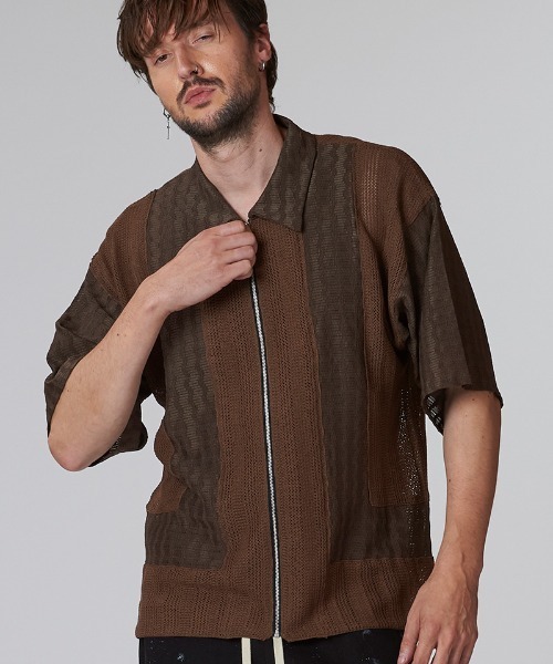 mhs2393-ﾁｪﾝｼﾞﾝｸﾞﾆｯﾄｼｱｰBIG-SH BLZ シャツブルゾン（シャツ/ブラウス