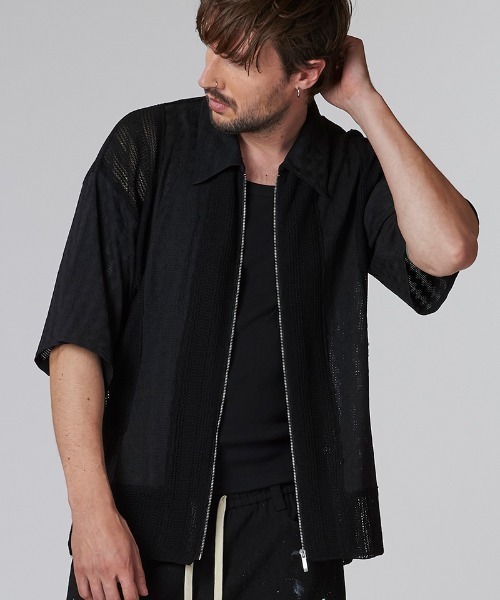 mhs2393-ﾁｪﾝｼﾞﾝｸﾞﾆｯﾄｼｱｰBIG-SH BLZ シャツブルゾン（シャツ/ブラウス