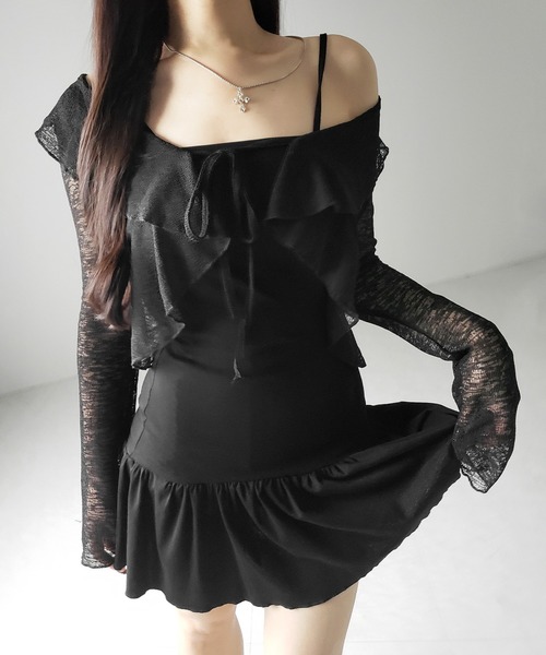 韓国 セットアップ シフォン キャミワンピ ベルスリーブ カーデ lella2284-06.jpg