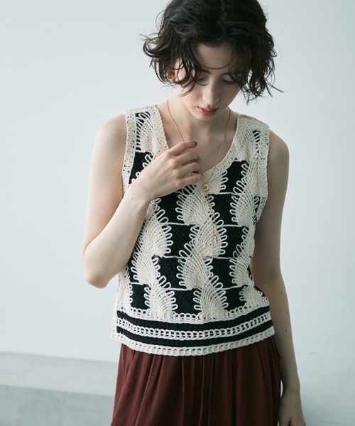 #snc アルバロッサ ALBA ROSSA カットソー 42 紺系 ニット 半袖 ビーズ レース 異素材 麻使い レディース [918574] snc アルバロッサ ALBA ROSSA カットソー 42 紺系 ニット 半袖