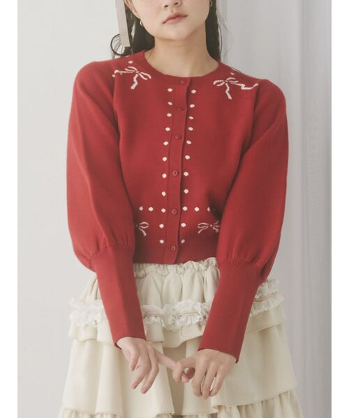 セール】ribbon dotパフスリーブニットカーディガン（カーディガン