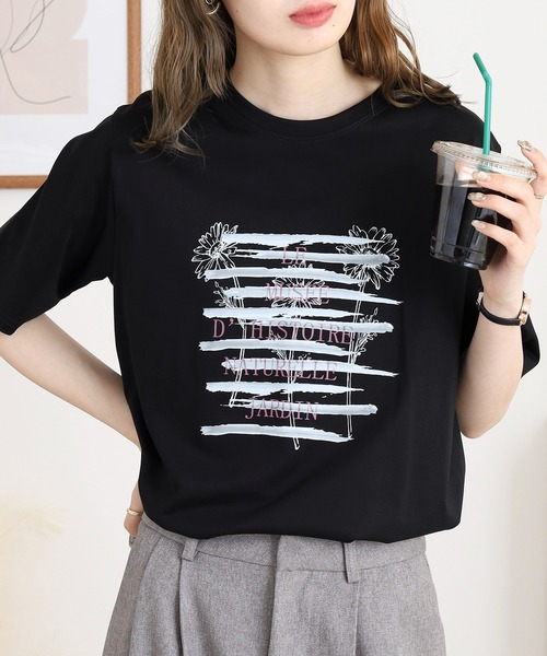 BRODIAEA(ブローディア)の「BRODIAEA かすれプリント半袖Tシャツ(Tシャツ/カットソー・レディース・ブラック/オフホワイト/ライトグリーン/シルバーグレー・40)」の2枚目の写真