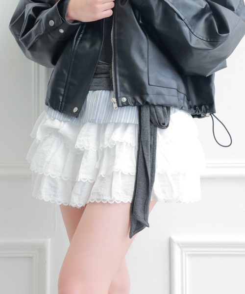 ホワイト フリルミニスカート フリルミニスカート/カットレース/インナーパンツ付き（スカート