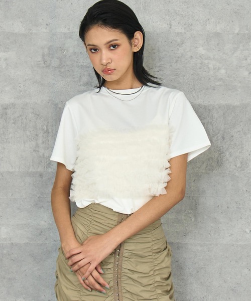 ANAP(アナップ)の「チュール ビスチェ風 Tシャツ(Tシャツ/カットソー・レディース・オフホワイト/ブラック・FREE)」の1枚目の写真