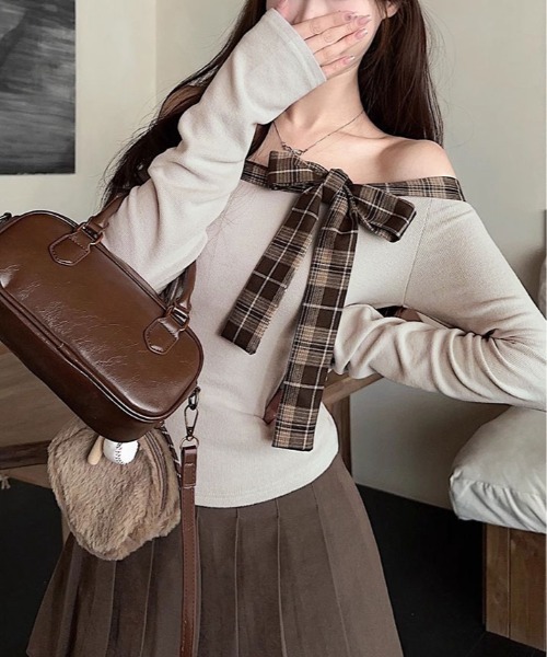 セール】オフショル チェック リボン デザイン トップス（ニット
