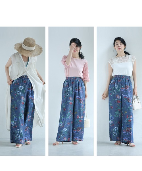 cawaii（カワイイ）の「色とりどりの花と息づく昆虫のくたっと柔らかワイドパンツ（その他パンツ・レディース・ブルー・FREE）」の6枚目の写真