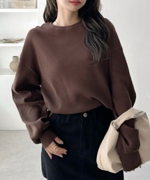 ワッフル素材×程良い肌見せが好バランス♪ フェイクレイヤードデザイン ワッフルプルオーバー