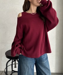 ワッフル素材×程良い肌見せが好バランス♪ フェイクレイヤードデザイン ワッフルプルオーバー