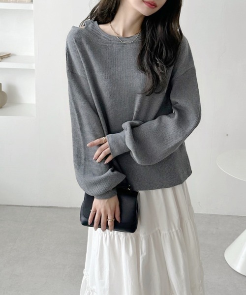 セール】ワッフル素材×程良い肌見せが好バランス♪ フェイクレイヤード