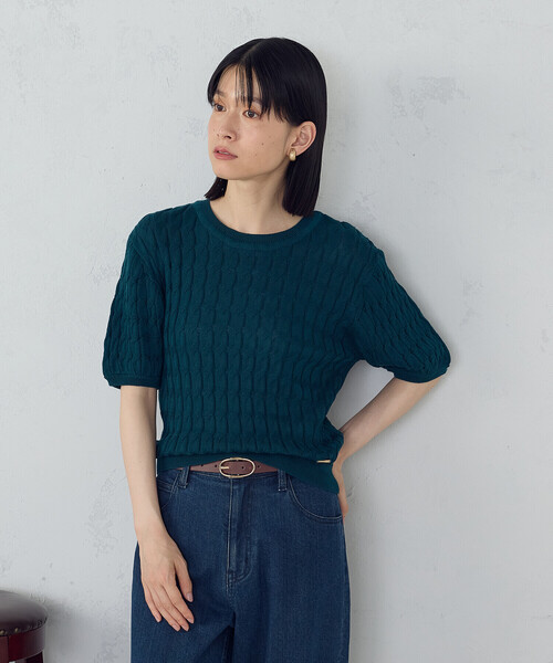 COMME CA ISM(コムサイズム)の「ミニケーブル5分袖ニット(ニット/セーター・レディース・グリーン/ブラック・LARGE/MEDIUM)」の2枚目の写真