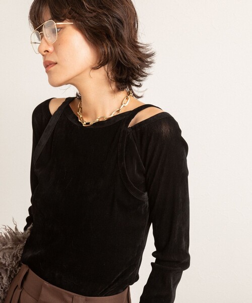 NOLLEY’S（ノーリーズ）の「【MAQWEL/マクウェル】ウォッシャブルベロアレイヤードトップス（Tシャツ/カットソー・レディース・ダークブラウン/ブラック・FREE）」の2枚目の写真