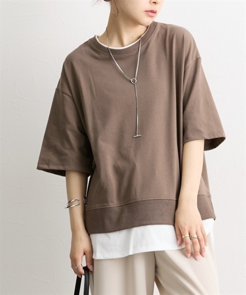 nissen（ニッセン）の「重ね着風オーバーサイズトップス（５分袖）（Tシャツ/カットソー・レディース・ブラウン/グレイッシュベージュ/ブラック/ピンク・M/L）」の3枚目の写真
