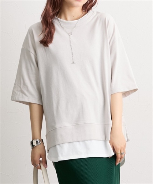 nissen（ニッセン）の「重ね着風オーバーサイズトップス（５分袖）（Tシャツ/カットソー・レディース・ブラウン/グレイッシュベージュ/ブラック/ピンク・M/L）」の4枚目の写真