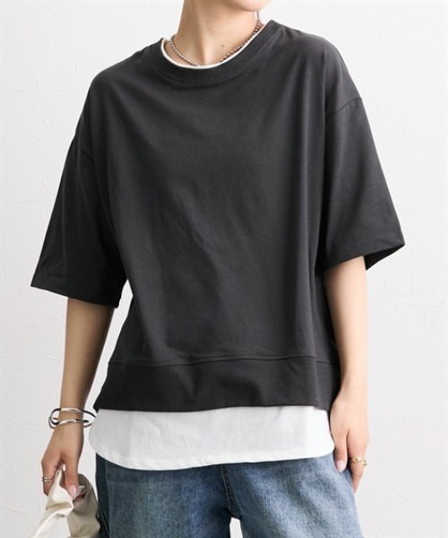 nissen（ニッセン）の「重ね着風オーバーサイズトップス（５分袖）（Tシャツ/カットソー・レディース・ブラウン/グレイッシュベージュ/ブラック/ピンク・M/L）」の2枚目の写真