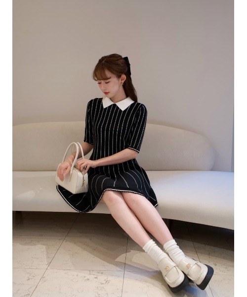 ワンピース herlipto Striped Jacquard Knit Dress M Striped Jacquard Knit Dress（ワンピース）｜Her lip to（ハー