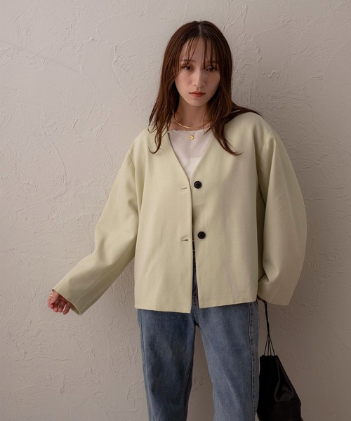NOAHL(ノアル)の「【NOAHL】MIXツイルノーカラージャケット(ノーカラージャケット・レディース・ライトベージュ/ブラック/ブラウン・FREE)」の6枚目の写真