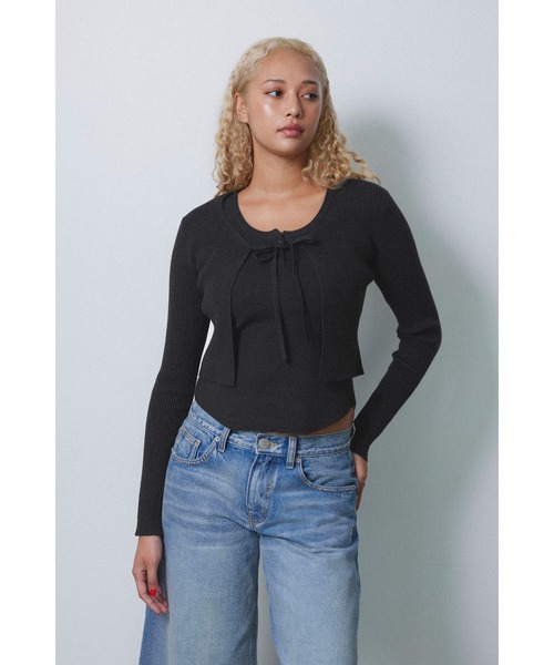 ALEXIA STAM（アリシアスタン）の「Rib Knit Ribbon Cardigan /リブリボンカーディガン（Tシャツ/カットソー・レディース・ブラック/アイボリー/レッド・M/S）」の3枚目の写真