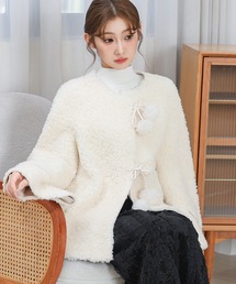 ノーカラージャケット（ホワイト/白色系・リボン）ファッション通販