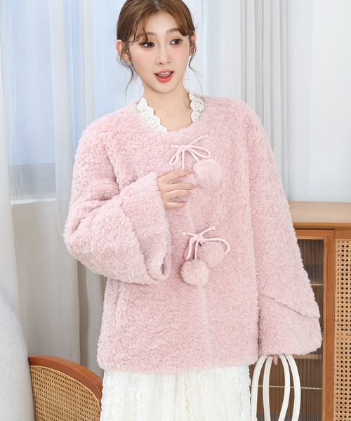 Anely(アネリー)の「ノーカラー ポンポン付き フレア ボア ジャケット(ノーカラージャケット・レディース・アイボリー/ベージュ/ピンク・FREE)」の12枚目の写真