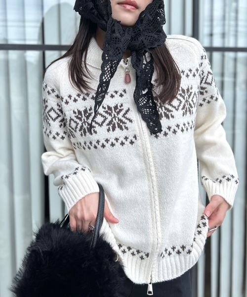 セール】ダブルジップ 雪柄ニットブルゾン（ニット/セーター）｜Kotoe